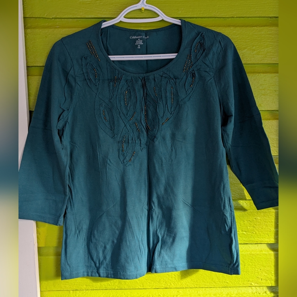 Coldwater Creek Teal Scoop-Neck Long Sleeve Top with Gold Beaded Detail